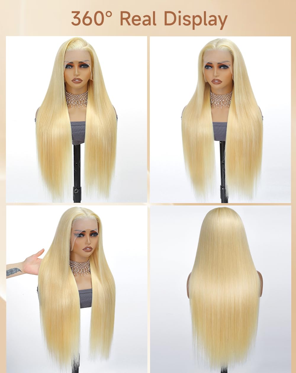 Stybee 30" 13x6 lace front wig, straight blonde, 200% density, HD lace, human hair, pre-plucked natural hairline.