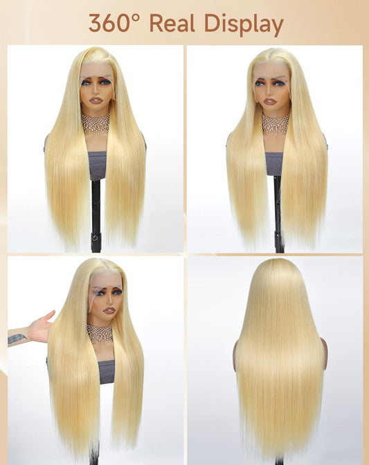 Stybee 30" 13x6 lace front wig, straight blonde, 200% density, HD lace, human hair, pre-plucked natural hairline.