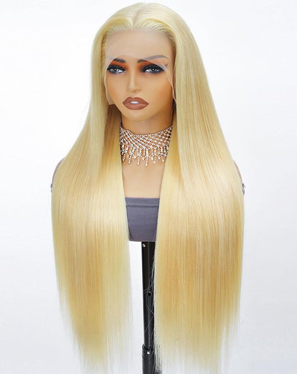 Stybee 30" 13x6 lace front wig, straight blonde, 200% density, HD lace, human hair, pre-plucked natural hairline.