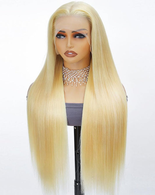 Stybee 30" 13x6 lace front wig, straight blonde, 200% density, HD lace, human hair, pre-plucked natural hairline.