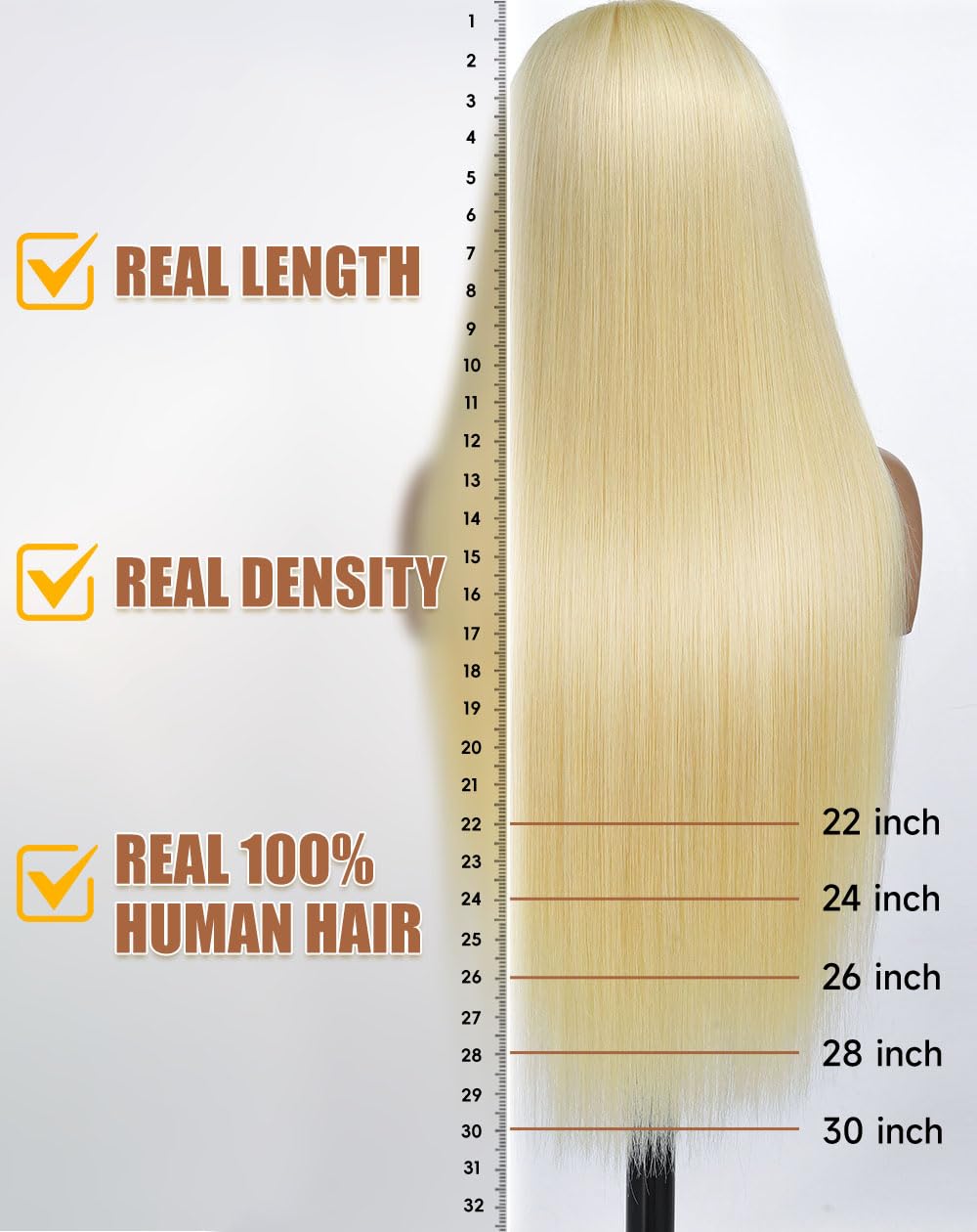 Stybee 30" 13x6 lace front wig, straight blonde, 200% density, HD lace, human hair, pre-plucked natural hairline.