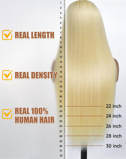 Stybee 30" 13x6 lace front wig, straight blonde, 200% density, HD lace, human hair, pre-plucked natural hairline.