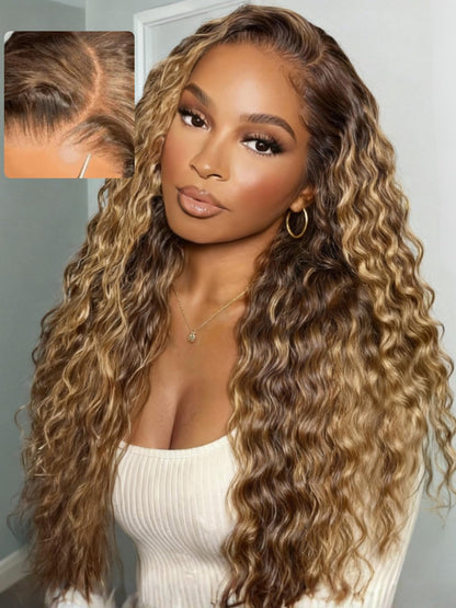UNICE 24" water wave 13x4 lace front wig, caramel highlights, glueless drawstring, pre-plucked.