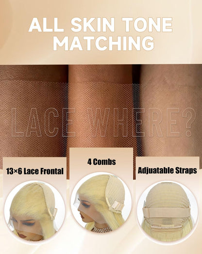 Stybee 30" 13x6 lace front wig, straight blonde, 200% density, HD lace, human hair, pre-plucked natural hairline.
