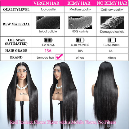 Lemoda 26" 13x6 straight Brazilian virgin hair wig, 200% density, HD transparent lace.