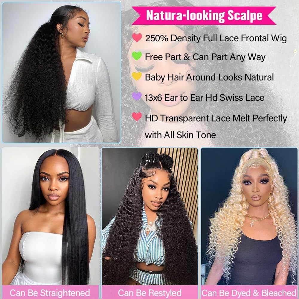 KRKRYQ 40" deep wave 13x6 lace front wig, 250% density, glueless, human hair.