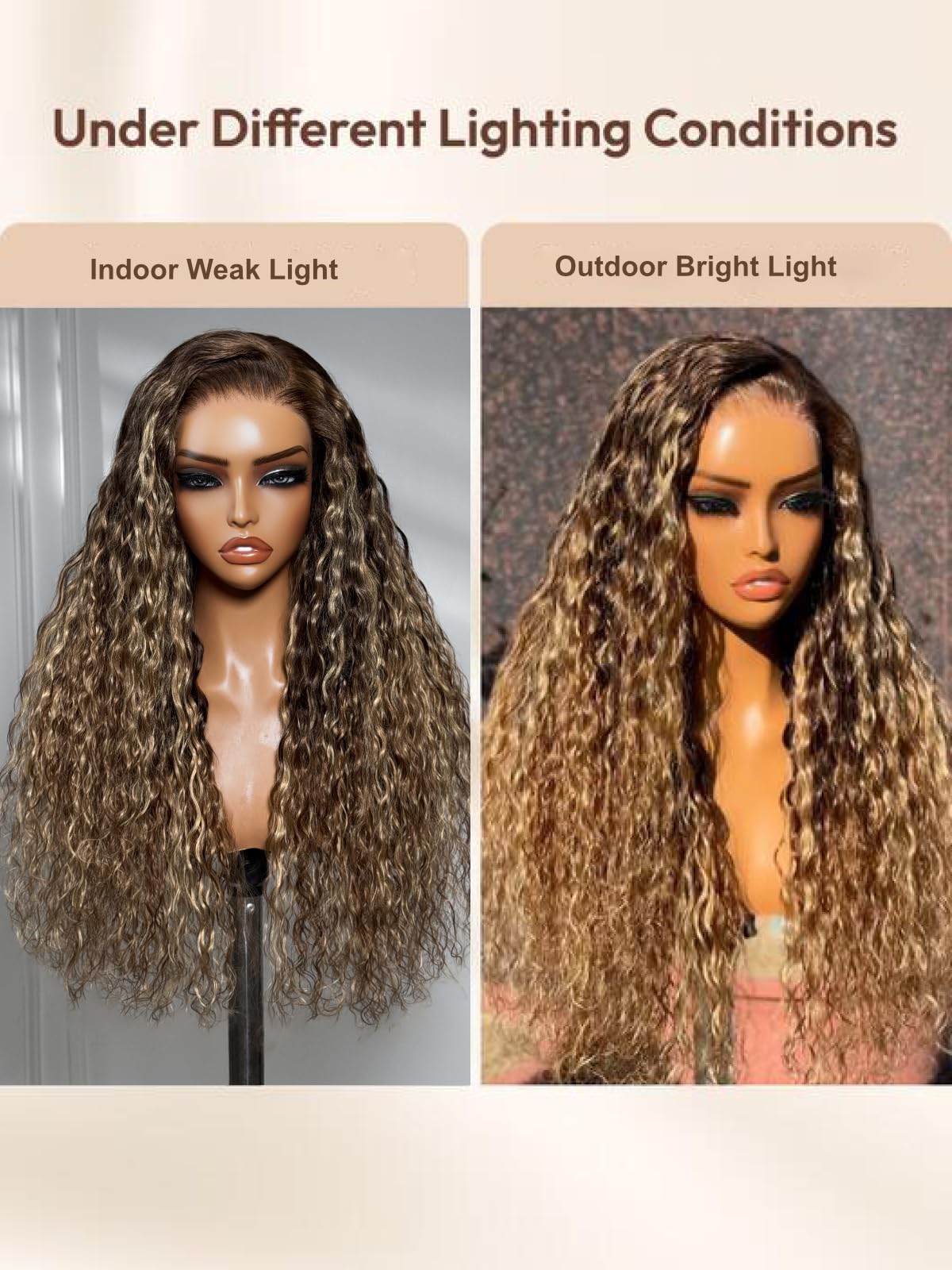 UNICE 24" water wave 13x4 lace front wig, caramel highlights, glueless drawstring, pre-plucked.