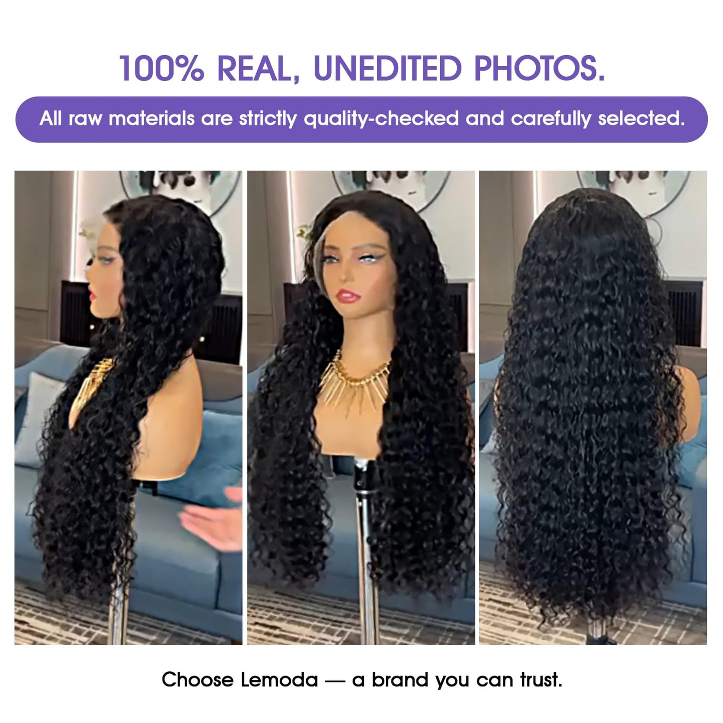 Lemoda 28" 13x6 water wave wig, 210% density, deep wave style, virgin human hair, wet/wavy.