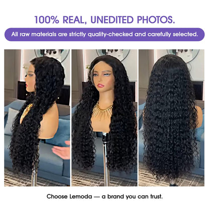 Lemoda 28" 13x6 water wave wig, 210% density, deep wave style, virgin human hair, wet/wavy.