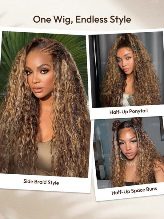 UNICE 24" water wave 13x4 lace front wig, caramel highlights, glueless drawstring, pre-plucked.