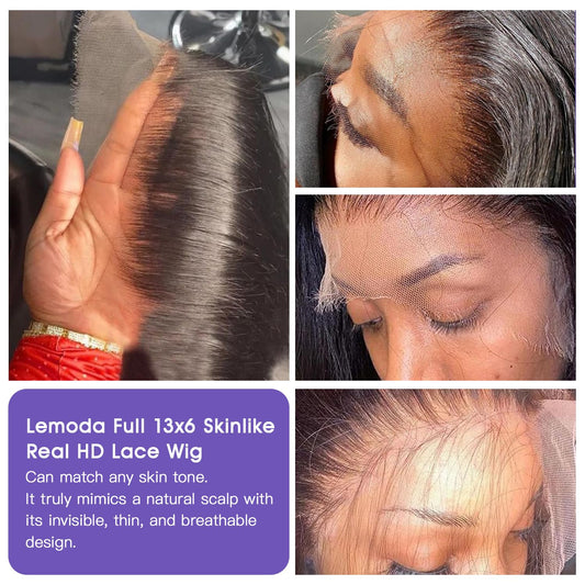 Lemoda 26" 13x6 straight HD lace wig, 200% density, ultra-thin lace, pre-plucked human hair.