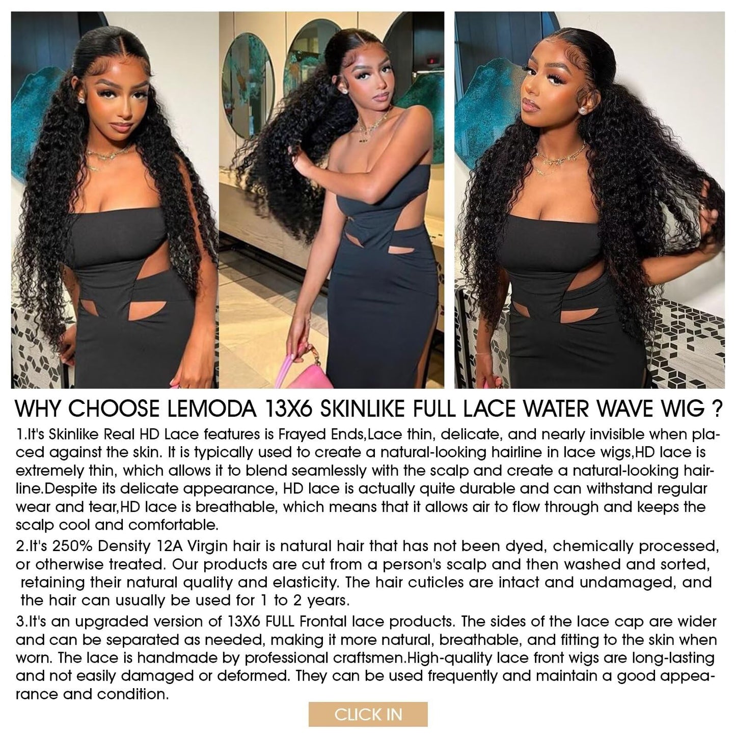 Lemoda 28" 13x6 water wave wig, 210% density, deep wave style, virgin human hair, wet/wavy.
