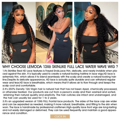Lemoda 28" 13x6 water wave wig, 210% density, deep wave style, virgin human hair, wet/wavy.