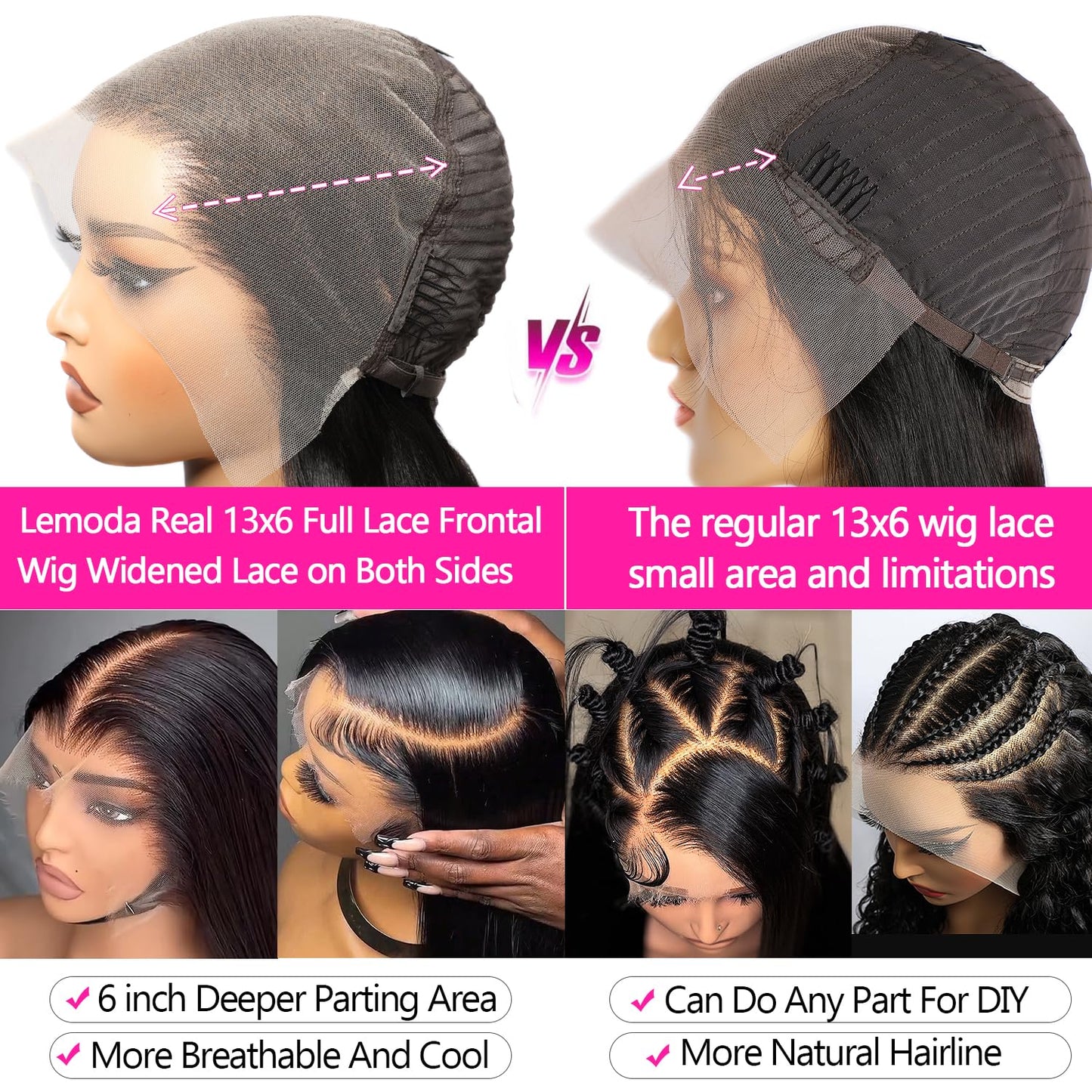 Lemoda 26" 13x6 straight Brazilian virgin hair wig, 200% density, HD transparent lace.