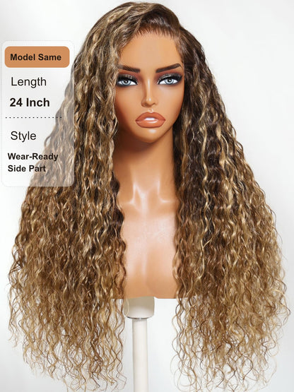 UNICE 24" water wave 13x4 lace front wig, caramel highlights, glueless drawstring, pre-plucked.