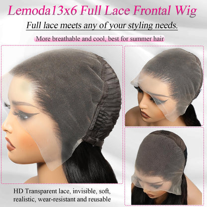 Lemoda 26" 13x6 straight Brazilian virgin hair wig, 200% density, HD transparent lace.