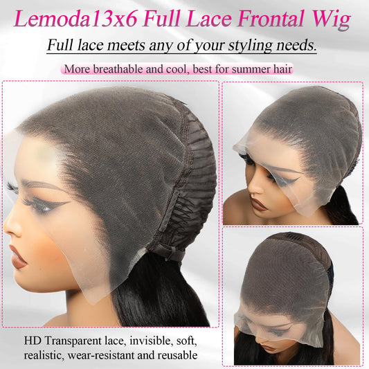 Lemoda 26" 13x6 straight Brazilian virgin hair wig, 200% density, HD transparent lace.