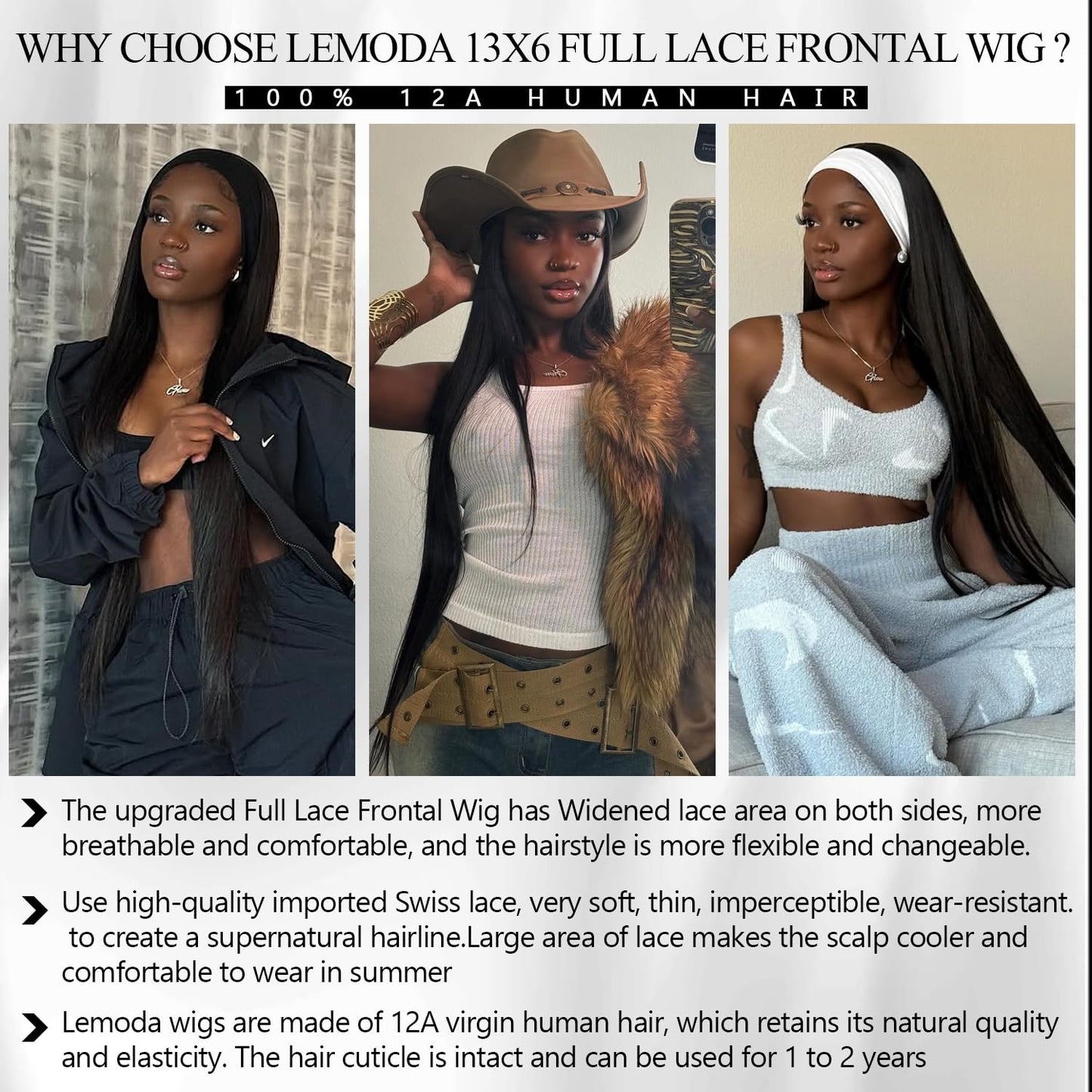Lemoda 26" 13x6 straight Brazilian virgin hair wig, 200% density, HD transparent lace.
