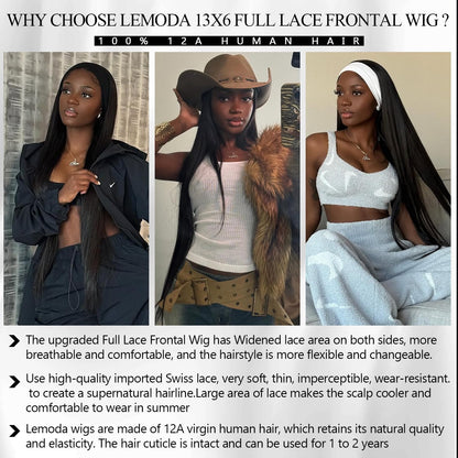 Lemoda 26" 13x6 straight Brazilian virgin hair wig, 200% density, HD transparent lace.
