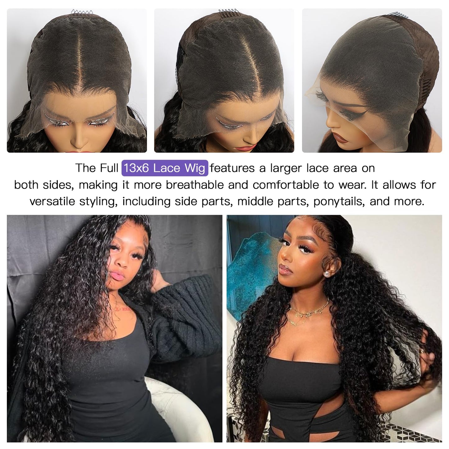 Lemoda 28" 13x6 water wave wig, 210% density, deep wave style, virgin human hair, wet/wavy.