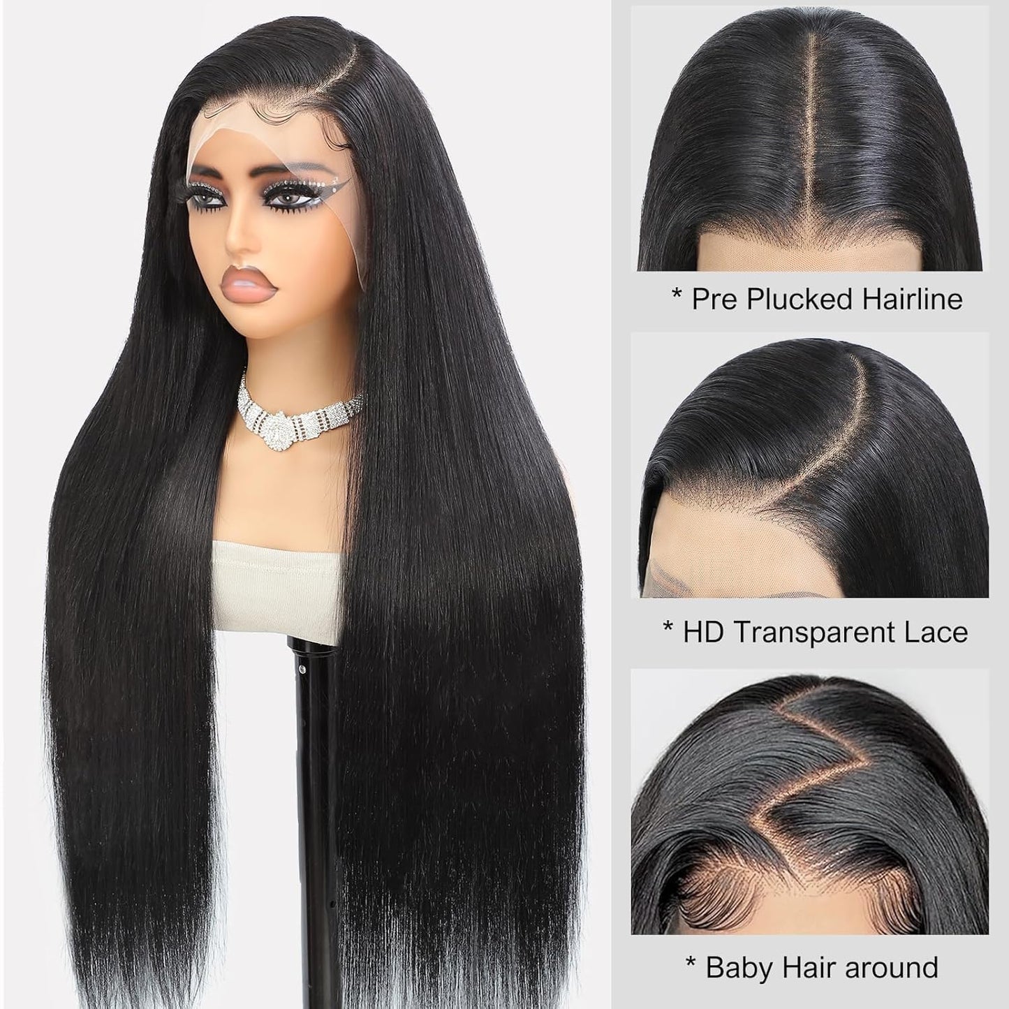 Tunfine 40" straight 13x6 HD lace wig, 200% density, drawstring glueless, pre-plucked.
