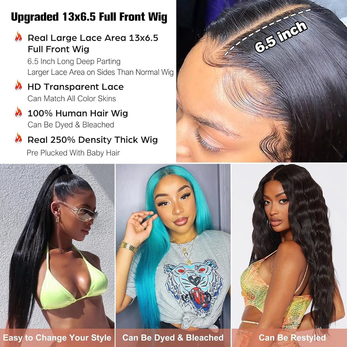 Tunfine 40" straight 13x6 HD lace wig, 200% density, drawstring glueless, pre-plucked.