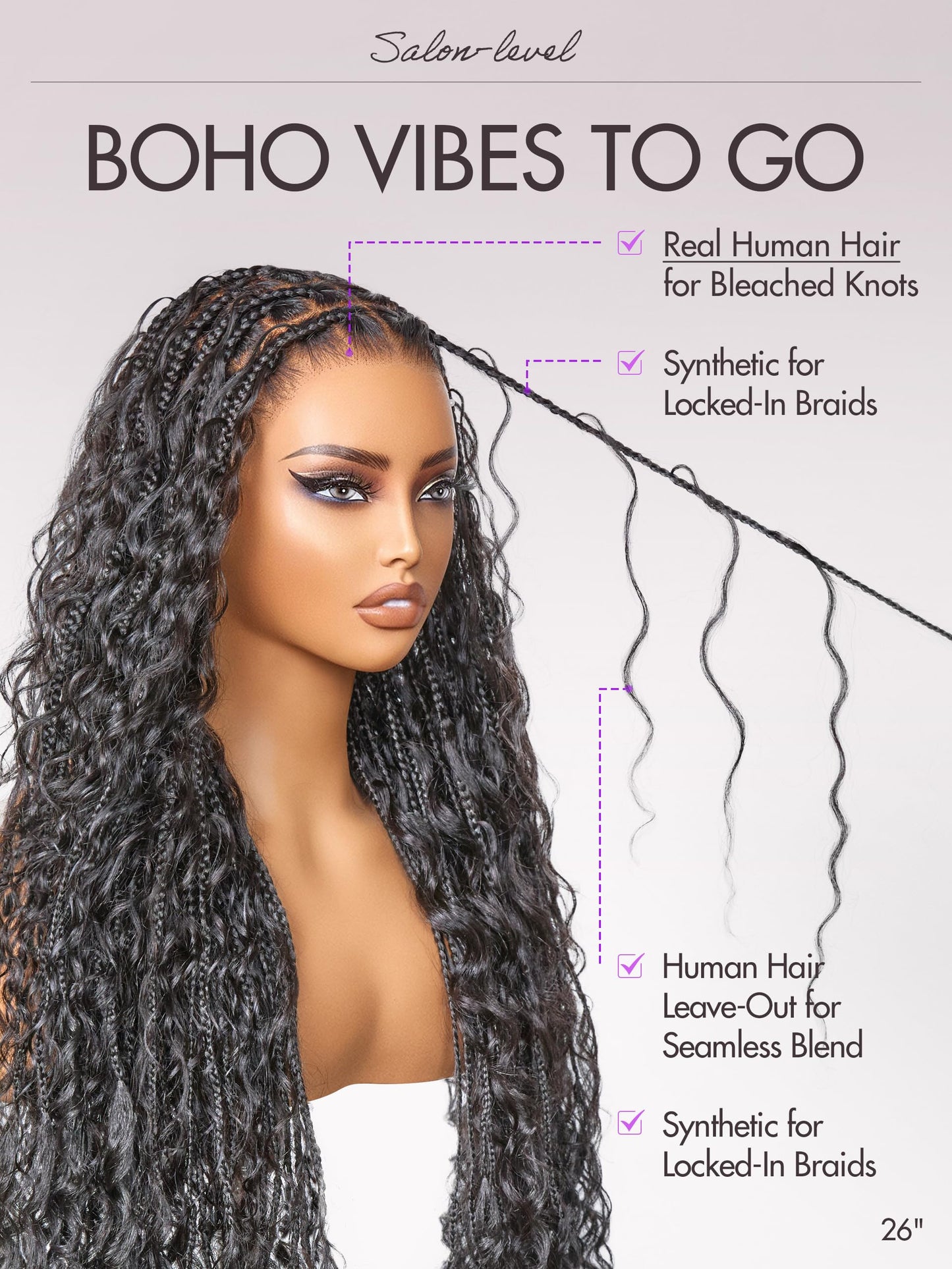 LUVME HAIR 26" boho braided lace wig, 200% density, salon-level blend, drawstring cap, pre-cut lace.